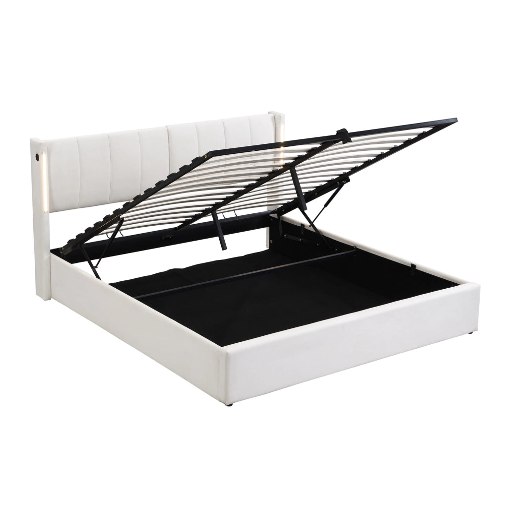 Letto imbottito LED 160x200 cm con contenitore, schienale regolabile, USB ricaricabile e rivestimento in PU bianco