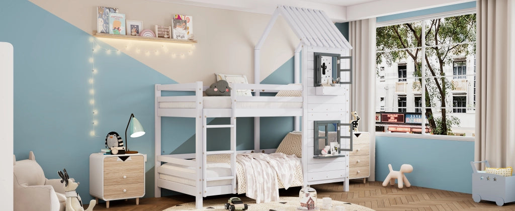 Letto a castello per bambini 90 × 200 cm in legno e MDF bianco e grigio con finestre scala e parapetti