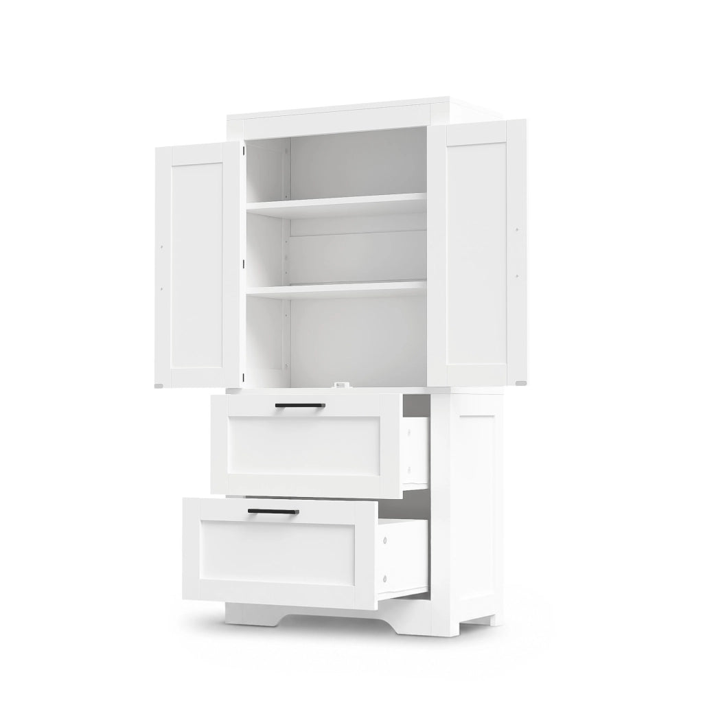 Credenza cucina alta con 2 cassetti e ripiani regolabili, classica, per cucina e soggiorno, bianca, 60 × 30 × 128 cm