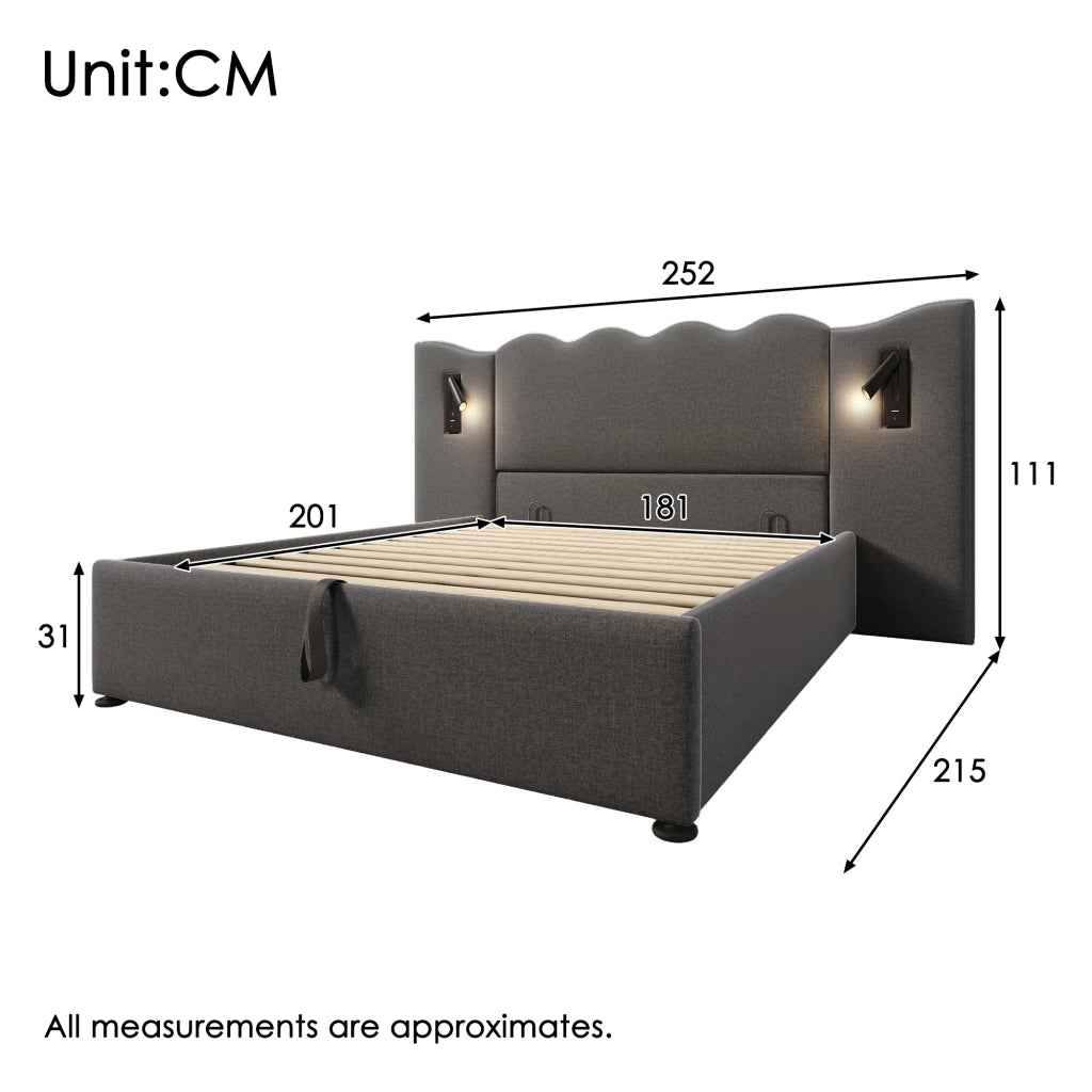Letto contenitore 180 × 200 cm con testiera ondulata; luce orientabile; USB e Type-C; lino grigio