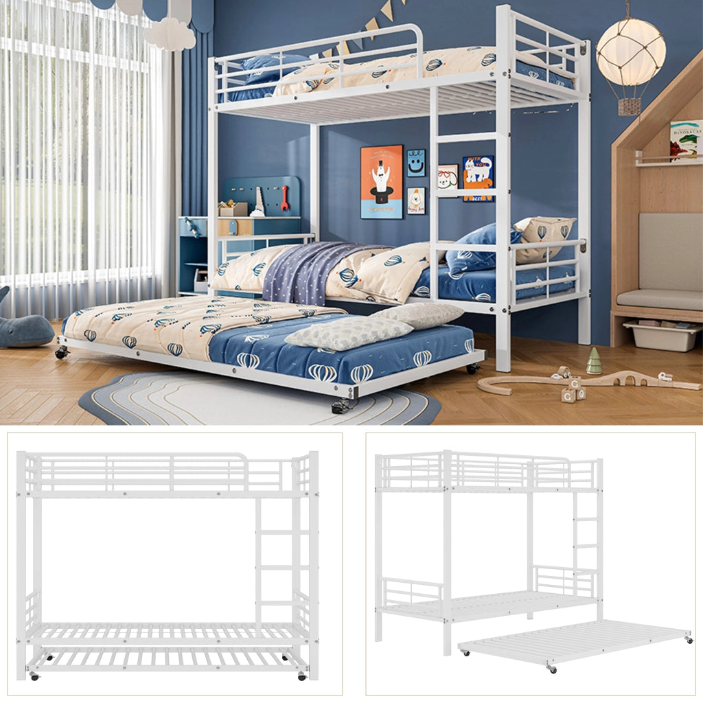 Letto a castello in metallo 90x200 cm con letto estraibile 90x190 e sponde di sicurezza, bianco