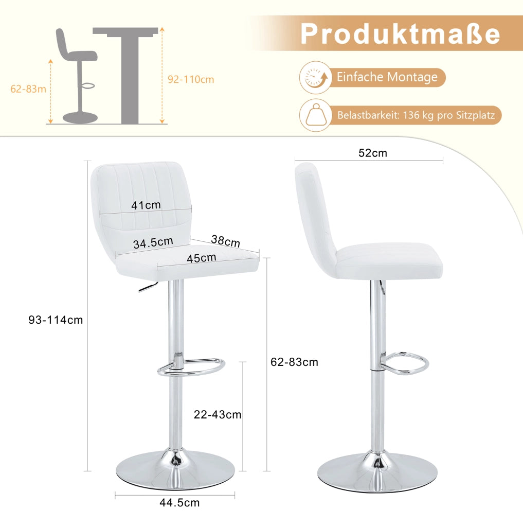 Sgabello da bar regolabile 52x45x93-114 cm metallo e PU bianco girevole