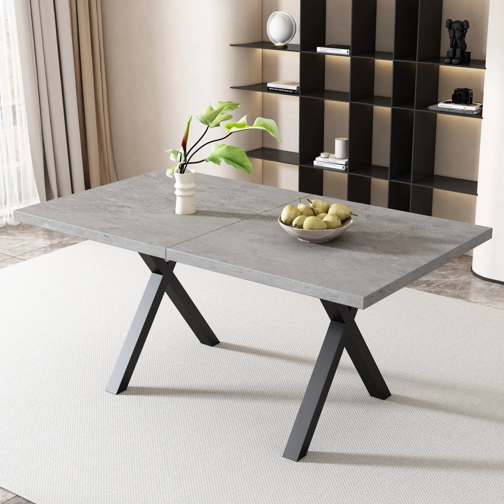 Tavolo da pranzo rettangolare con gambe incrociate in MDF e metallo effetto cemento grigio e nero