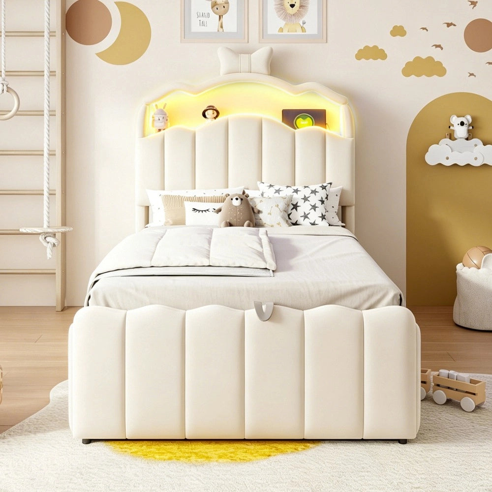 Letto imbottito per bambini con contenitore idraulico ¨C Minimal ¨C beige velluto testiera led 90x200cm