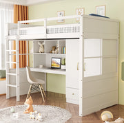 Letto a soppalco 90x200 cm con scrivania, armadio e cassetti in pino bianco