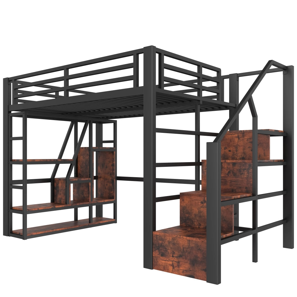 Letto a soppalco 140x200 cm con LED; scala con contenitore e ripiani; metallo e MDF nero