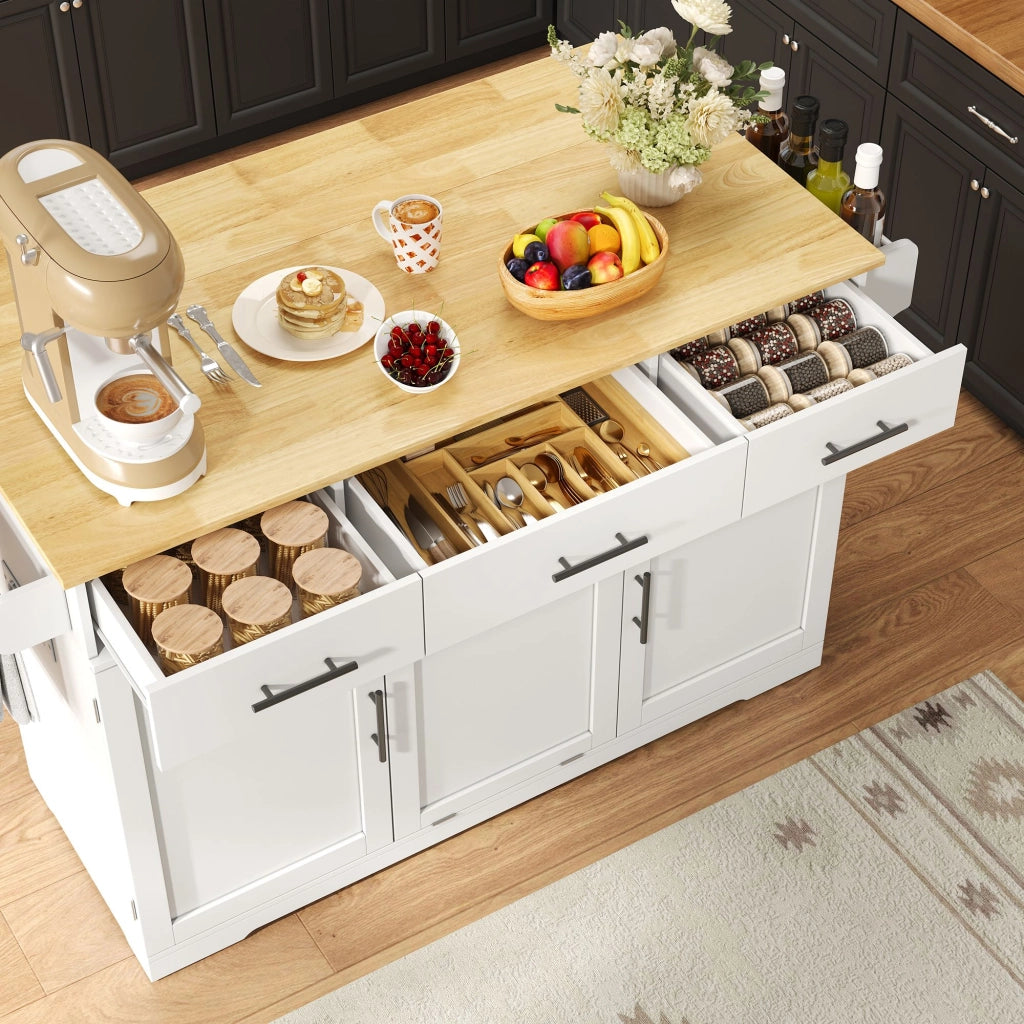 Isola da cucina mobile, carrello da cucina, credenza, piano di lavoro pieghevole, 3 cassetti, mobile con cestino dei rifiuti,, bianco e legno naturale