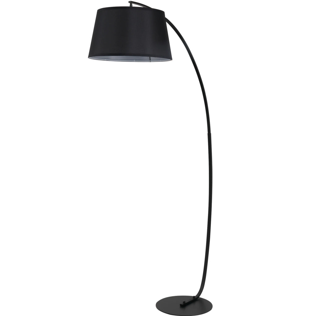 Lampada da terra ad arco moderna con paralume in tessuto lino, base in metallo nero, 105x47x190 cm