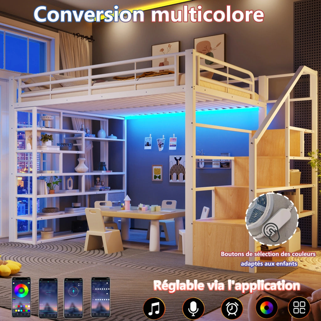 Letto a Soppalco 140x200 cm in MDF e metallo con Cassetti; LED; Ripiani; Sponde di Sicurezza Bianco