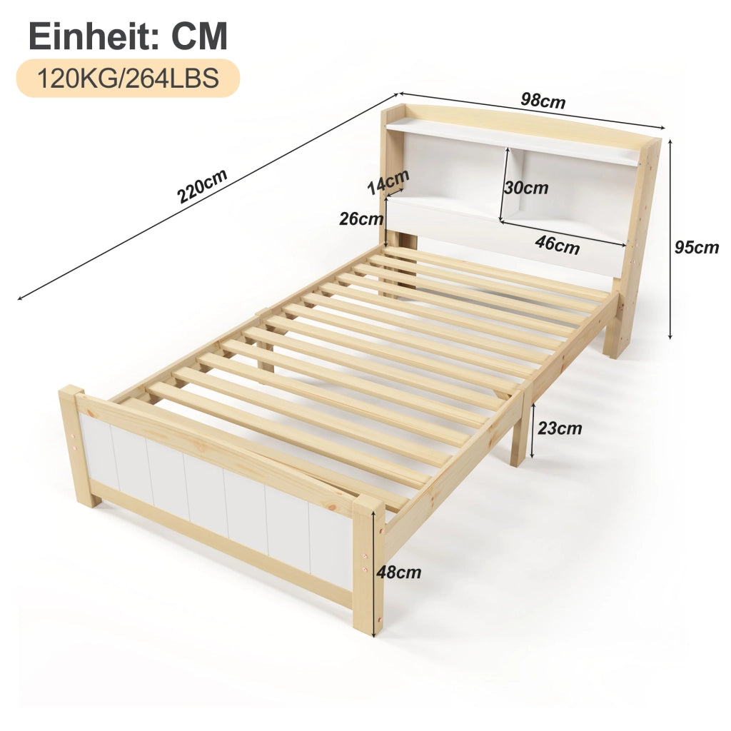 Letto singolo 90 × 200 cm con testiera contenitore e rete a doghe in legno bianco