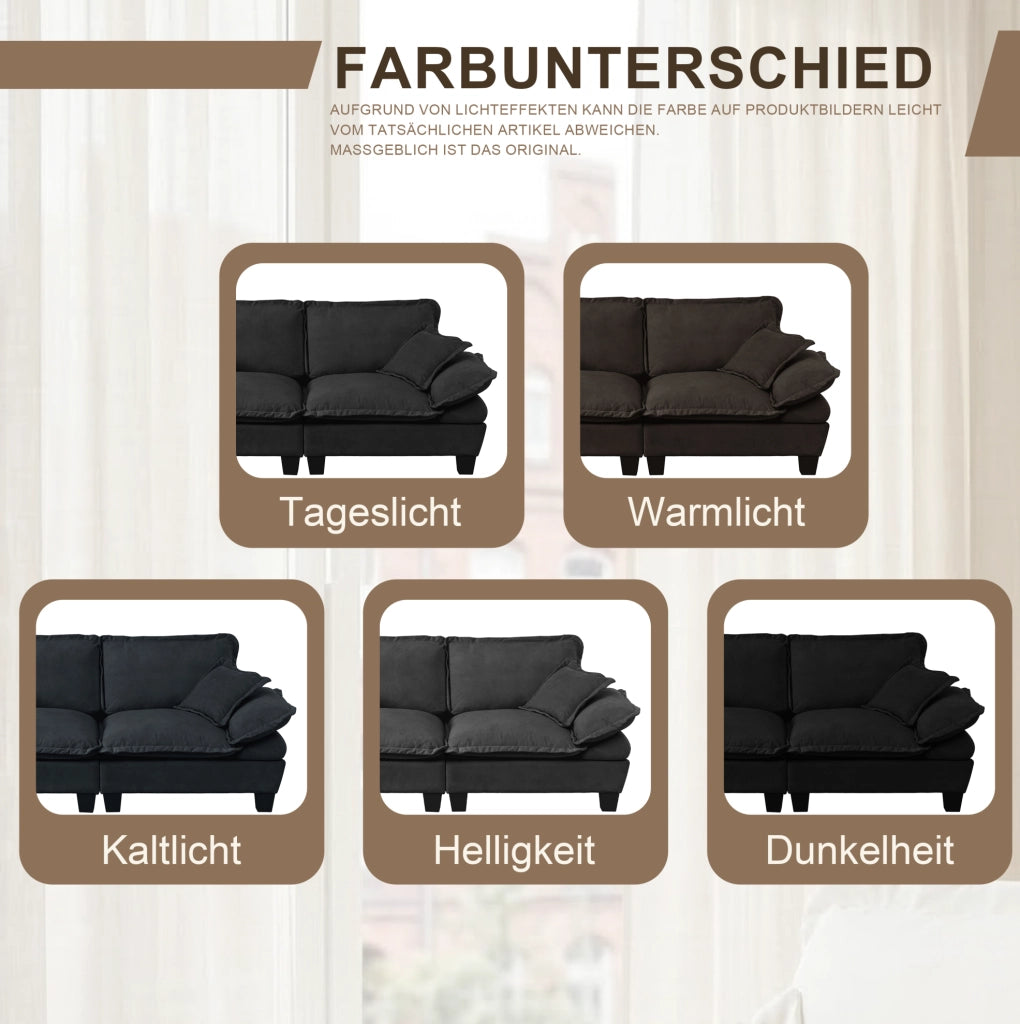 Divano modulare angolare Cloud in tessuto Chenille nero con 2 pouf mobili e 2 cuscini morbidi, 194x155x90 cm