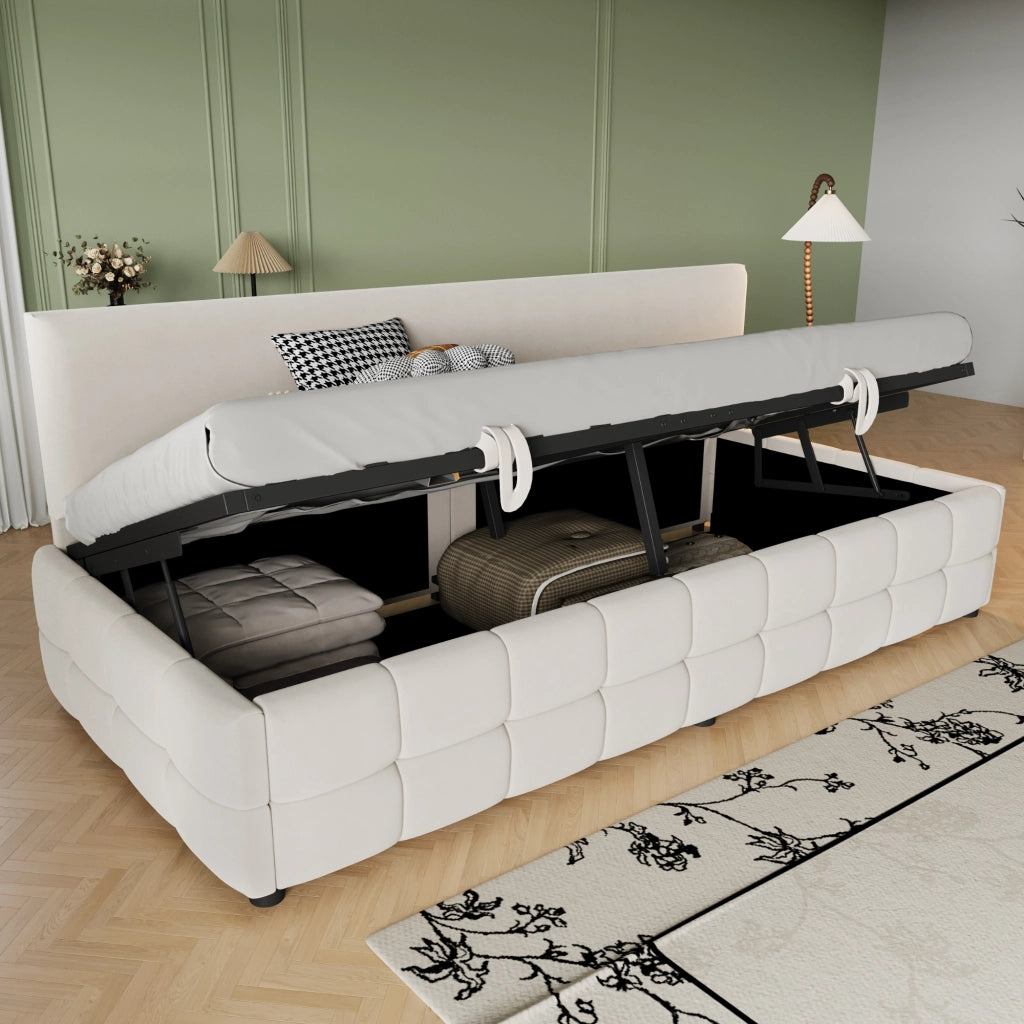 Letto imbottito singolo 90×200 cm con contenitore idraulico; rete a doghe e senza materasso; beige