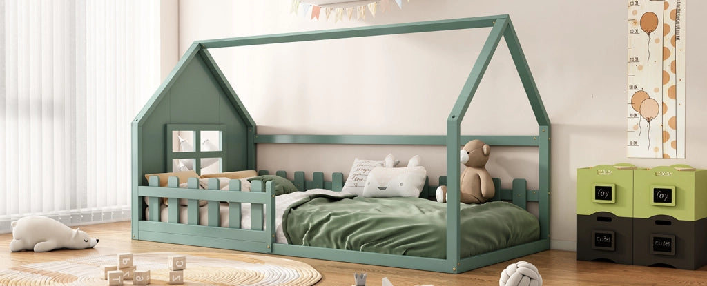 Letto per bambini a forma di casetta 90x200 cm in legno di pino e MDF, colore verde
