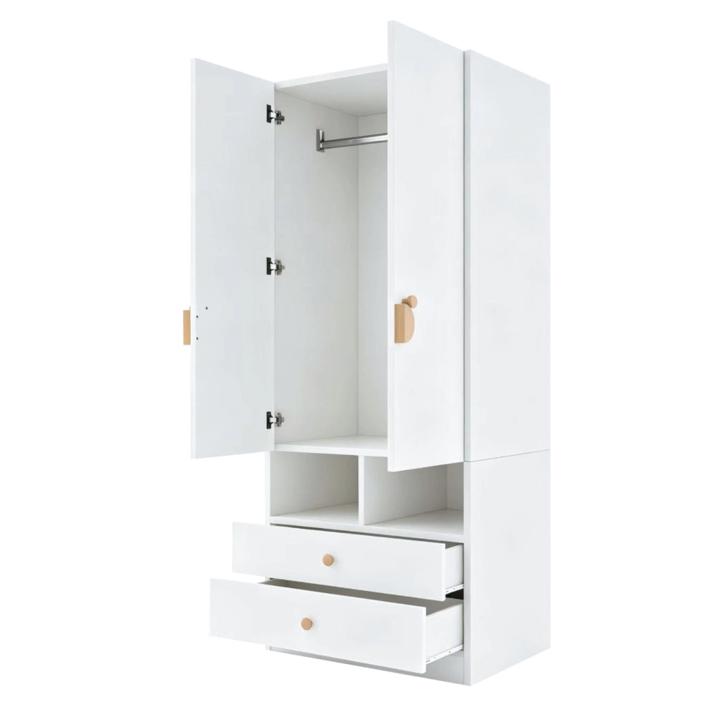 Armadio con 2 ante; 2 cassetti e vani interni - per camera da letto - in MDF - bianco