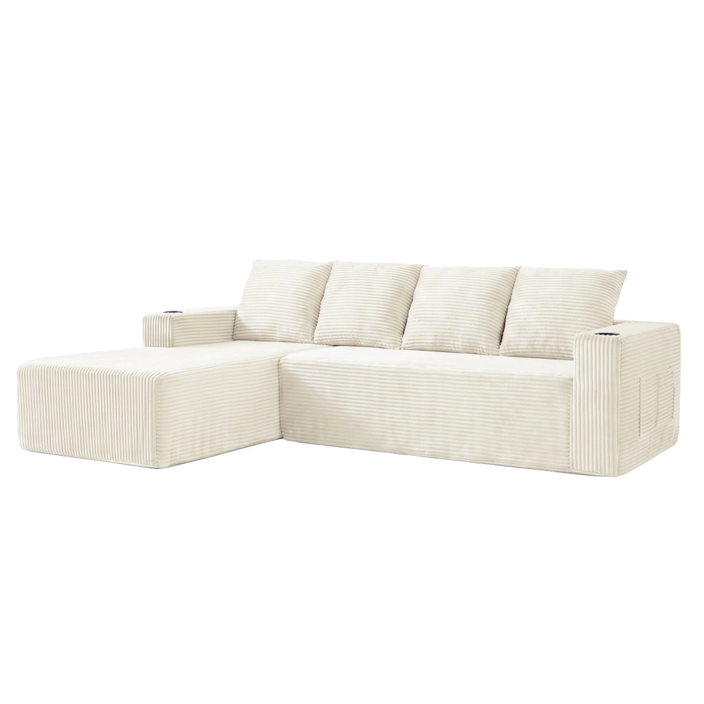 Divano modulare con chaise longue reversibile e portabicchieri, velluto a coste beige