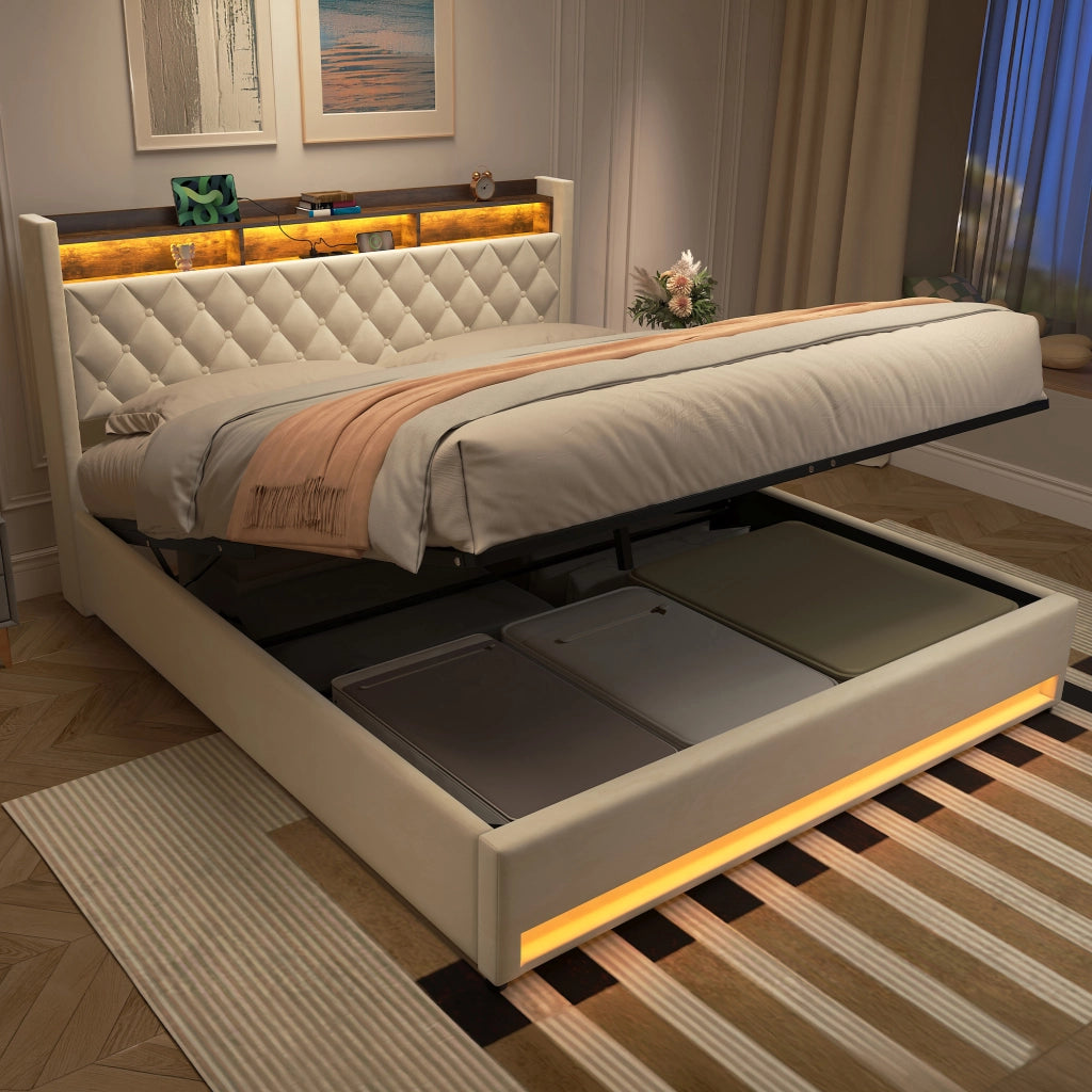 Letto imbottito beige 180x200 cm in velluto con schiuma elastica e struttura ergonomica