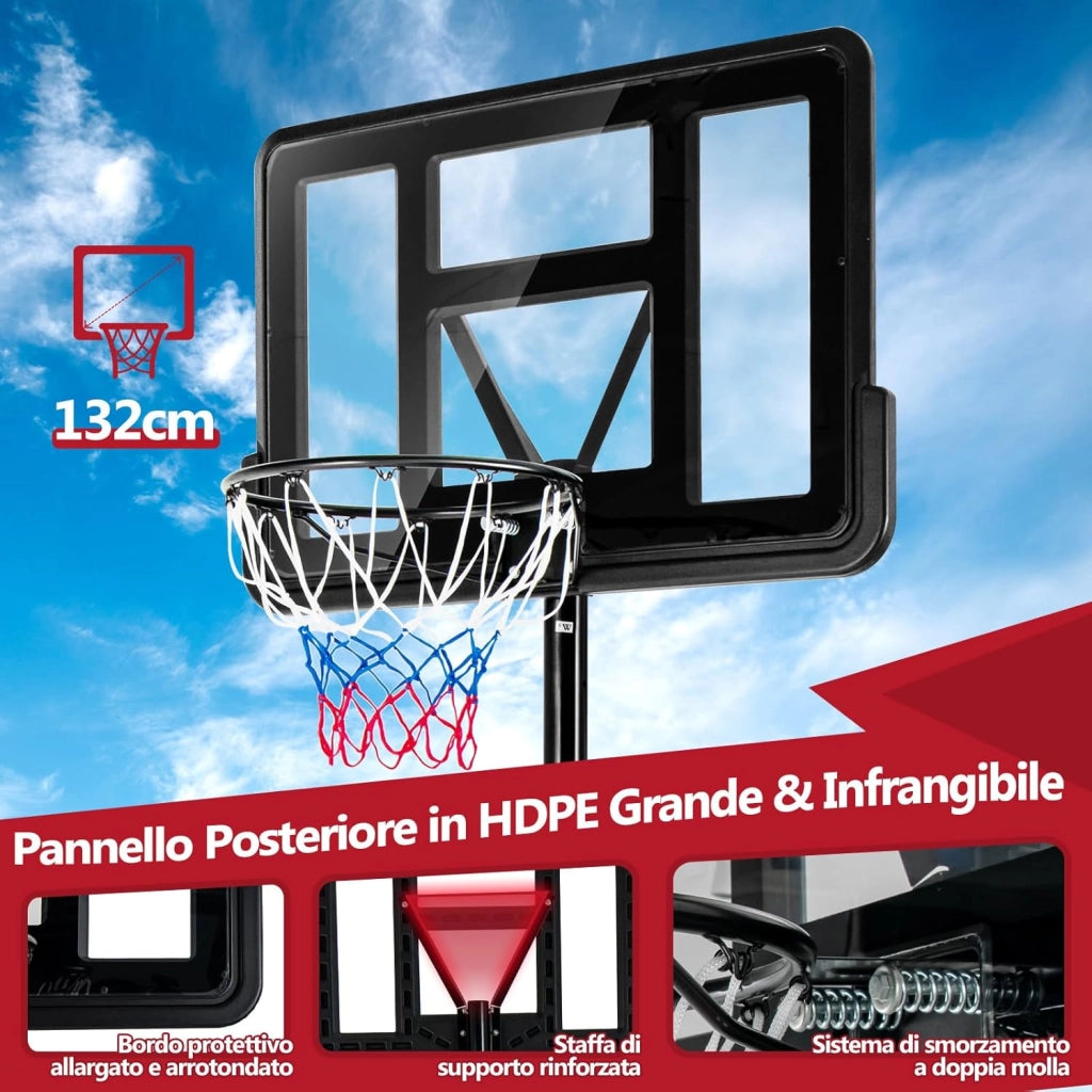 Canestro da Basket Portatile per Adulti, Canestro Basket Regolabile in Altezza 1,3M-3,05M con Ruote Tabellone Infrangibile e Retina Durevole, Adatto a Interno Esterno, Nero