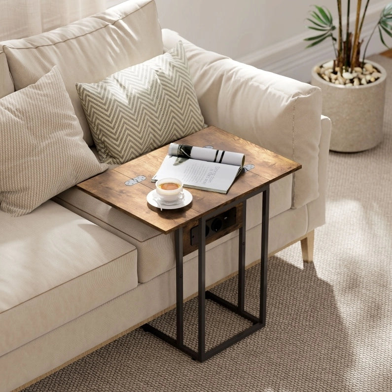 Tavolino pieghevole con stazione di ricarica USB, metallo e pannello marrone 39x29x57 cm