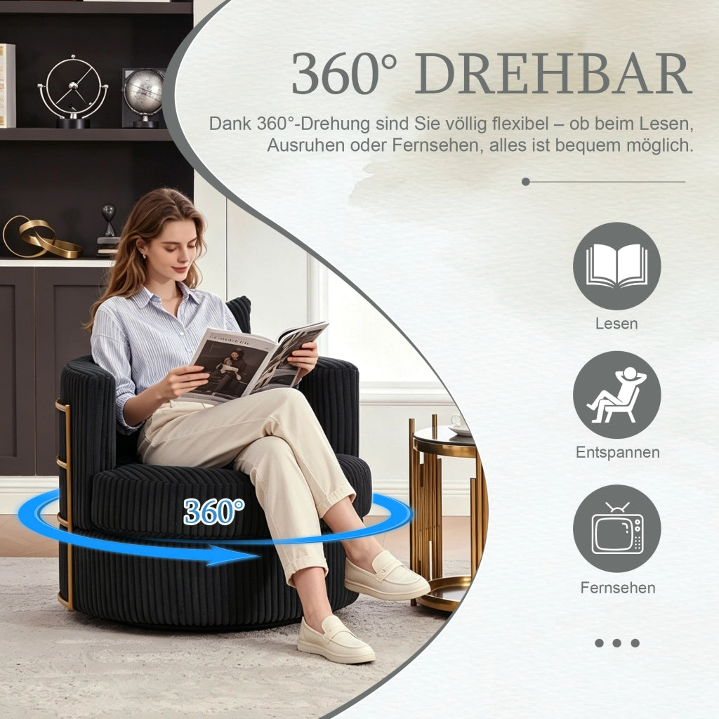 Poltrona girevole a 360 gradi in velluto a coste nera con vano contenitore e seduta imbottita 76 × 79 × 78 cm