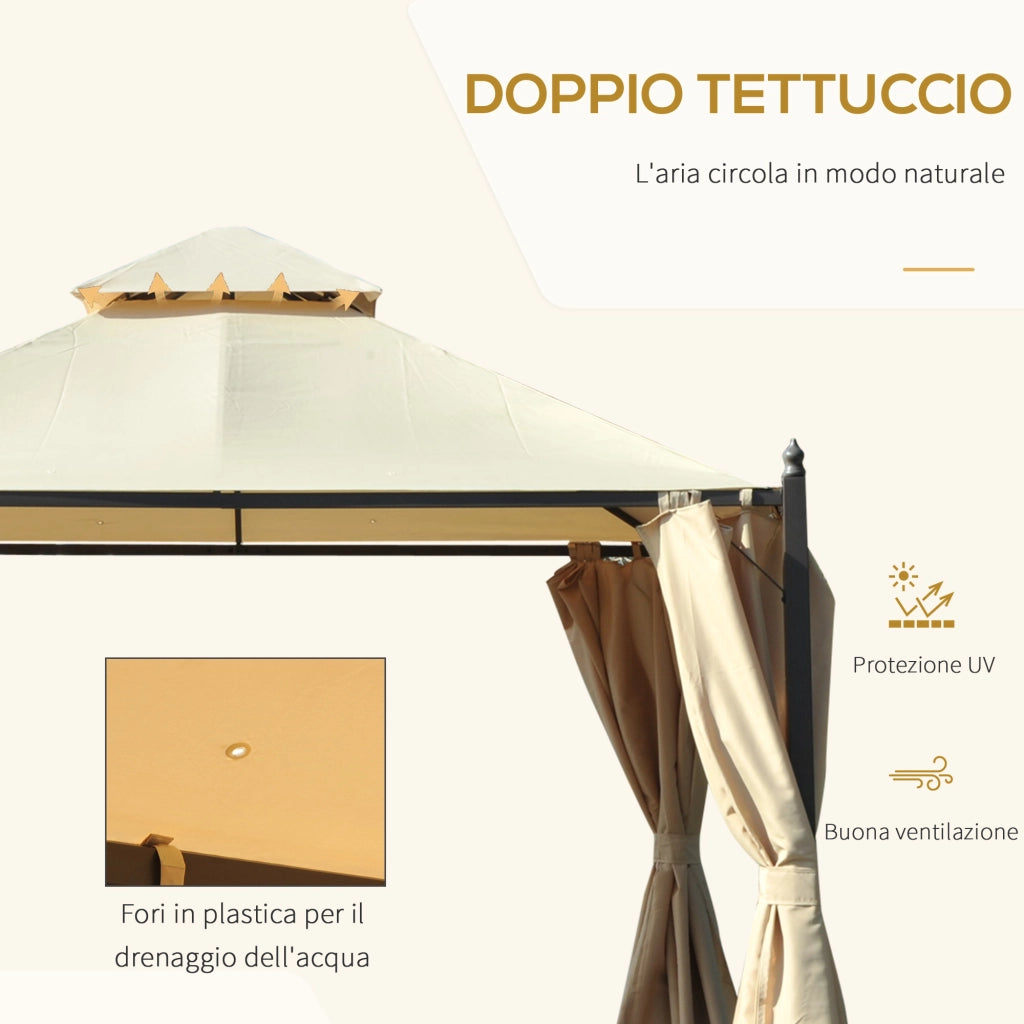 Gazebo da Giardino 3 x 3m con Doppio Tetto e 4 Tende Laterali Beige Struttura in Metallo Resistente per Esterno