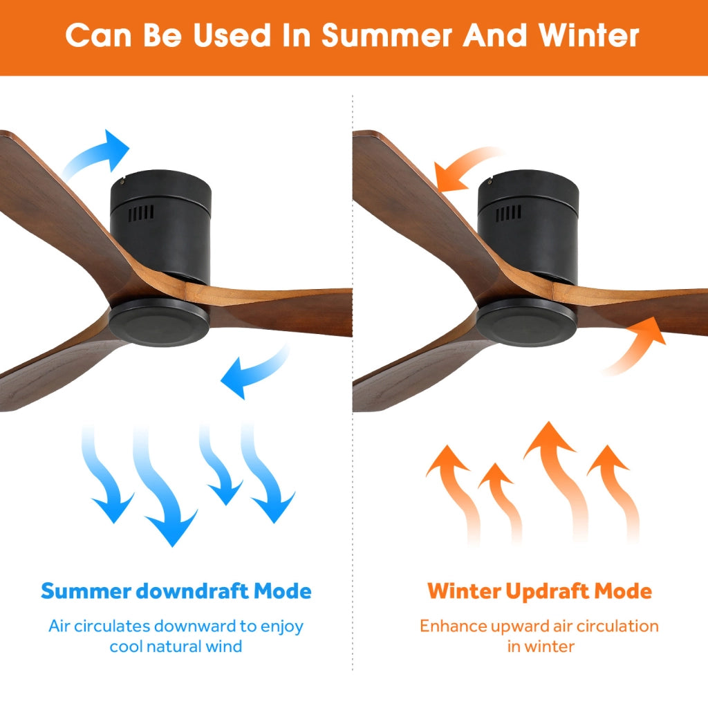 Ventilatore a soffitto basso profilo 132 cm con pale in legno massello, motore DC reversibile silenzioso e telecomando, senza luce