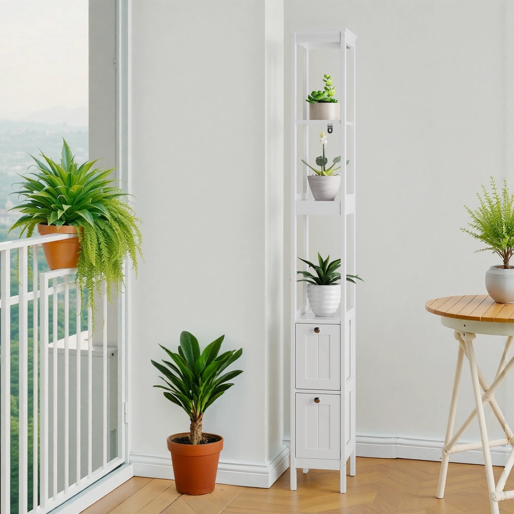 Colonna da bagno con 2 cassetti e 3 ripiani aperti in MDF bianca per spazi ridotti 20 × 30 × 160 cm