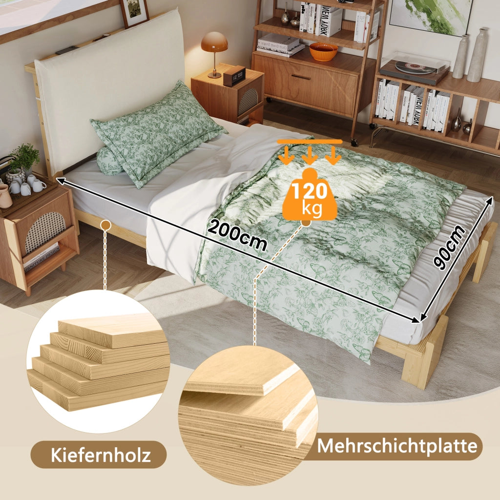 Letto singolo imbottito 90 ¡Á 200 cm con testiera in legno naturale rete a doghe e gambe larghe