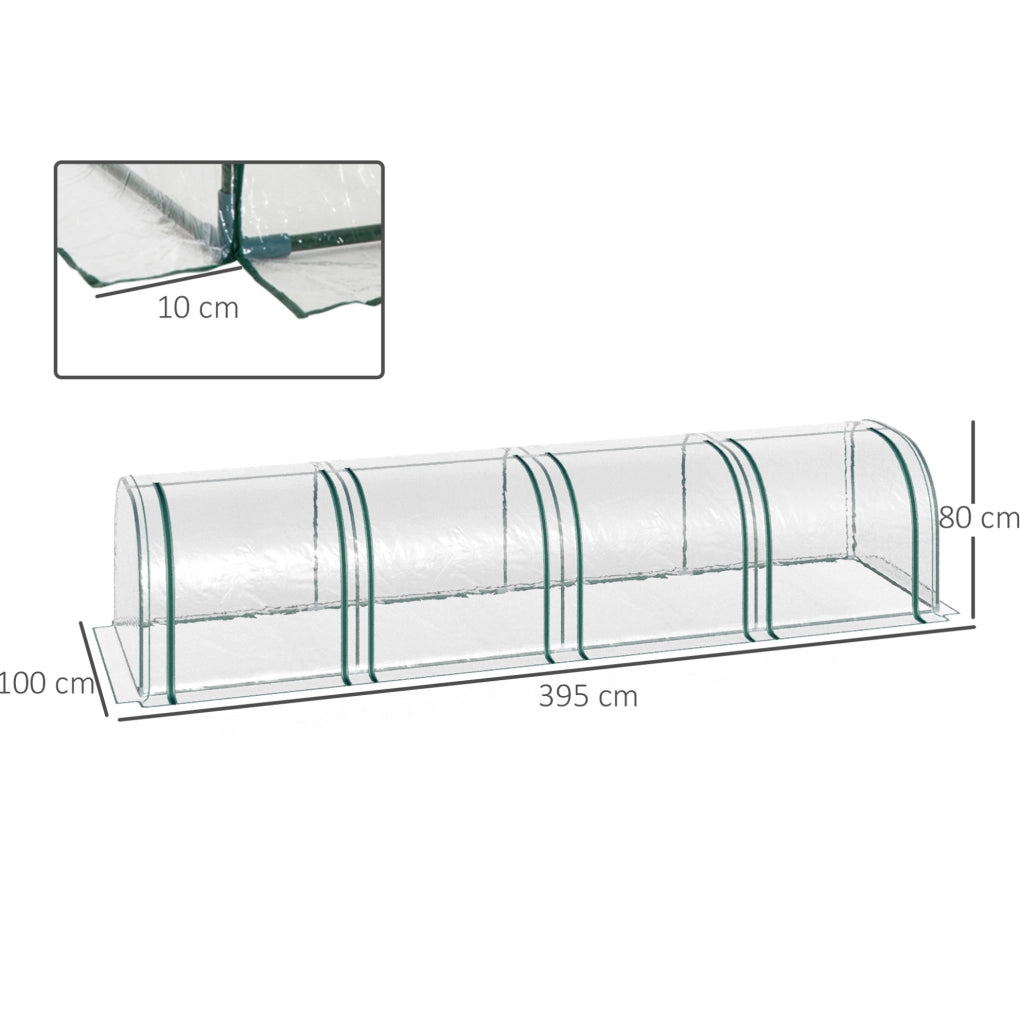 Serra tunnel 395 x 100 x 80 cm in PVC trasparente， 4 finestre zip， struttura in acciaio