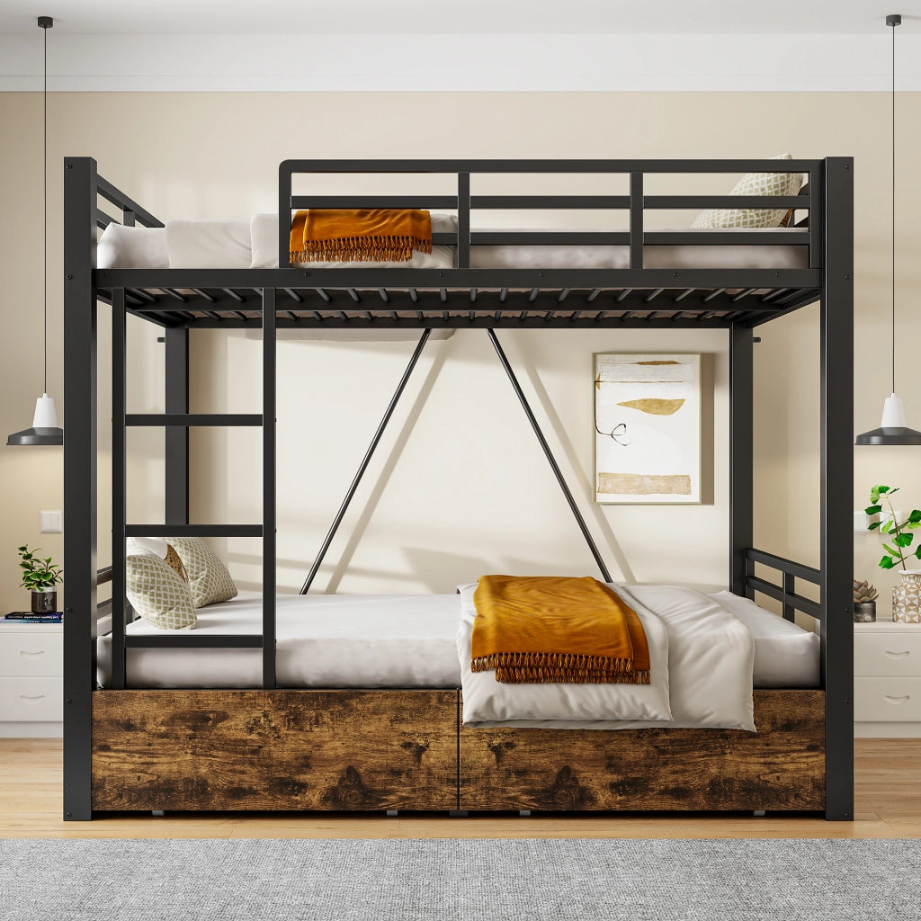 Letto a castello 140 × 200 cm 2 posti con cassetti e scala; senza materasso; in metallo e legno; nero