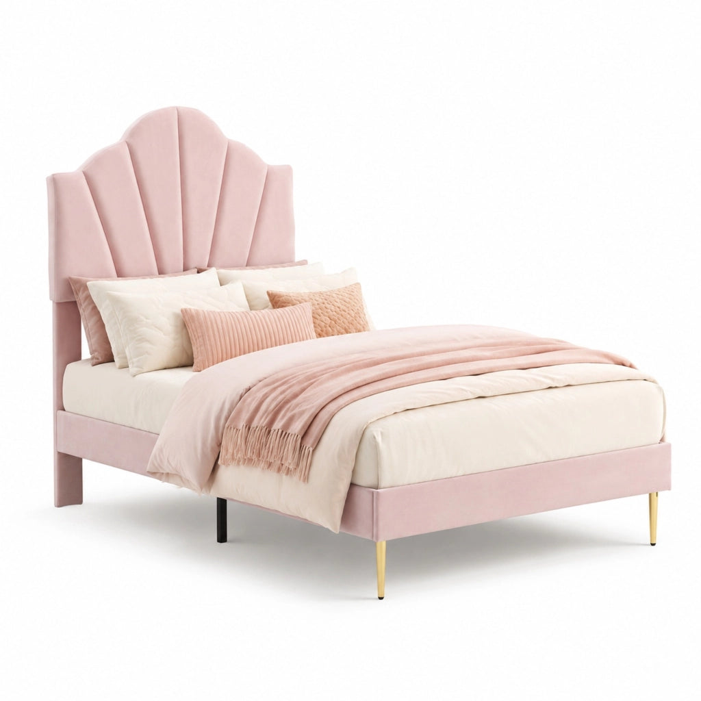 Letto singolo 90x200 cm in velluto rosa; testiera regolabile e gambe in ferro dorato