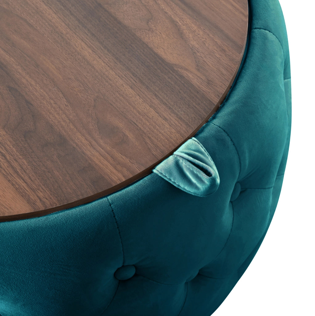 Set di 2 Pouf Nesting in Velluto Blu con Portaoggetti e Vassoio in Legno, Design Salvaspazio 4-in-1, Ø 58 cm
