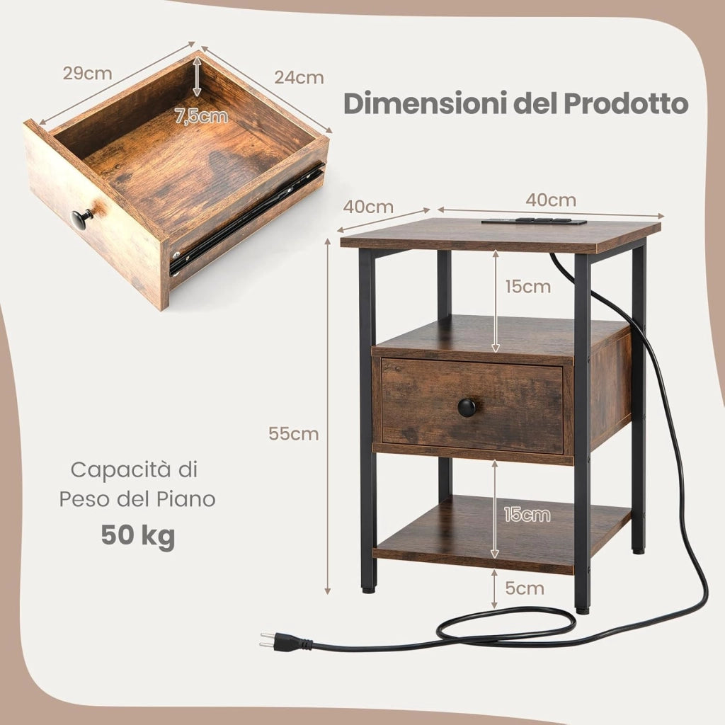 Comodino a 3 Piani con Stazione di Ricarica, Tavolino in Legno con Ripiani Aperti e Cassetto, Tavolino con Struttura in Metallo Robusto per Camera da Letto, Soggiorno e Studio, Naturale (2)