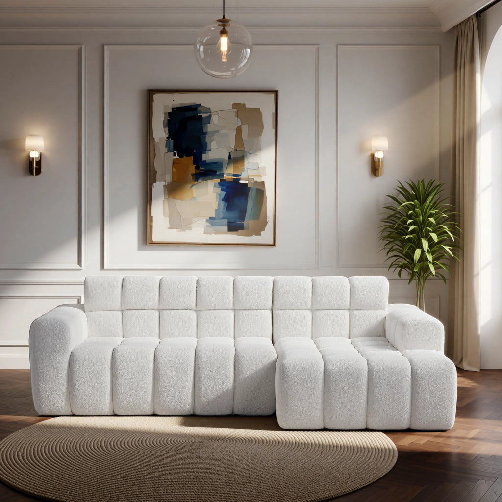 Divano angolare modulare a L; chaise longue; seduta confortevole; ciniglia bianca testurizzata; per soggiorno o studio; 249;94x99;06x59;94 cm