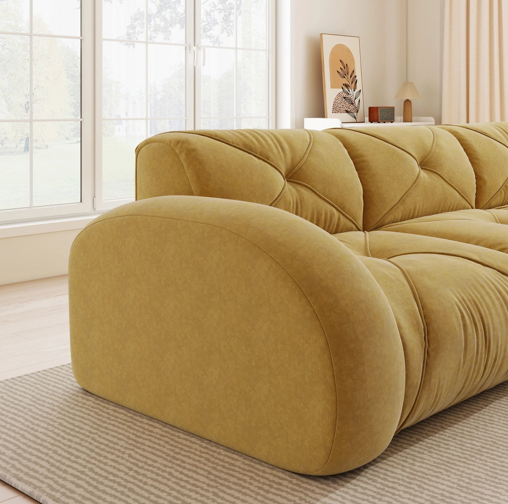 Divano modulare 2 posti in Chenille giallo con 2 pouf, senza struttura, ideale per soggiorno e appartamenti