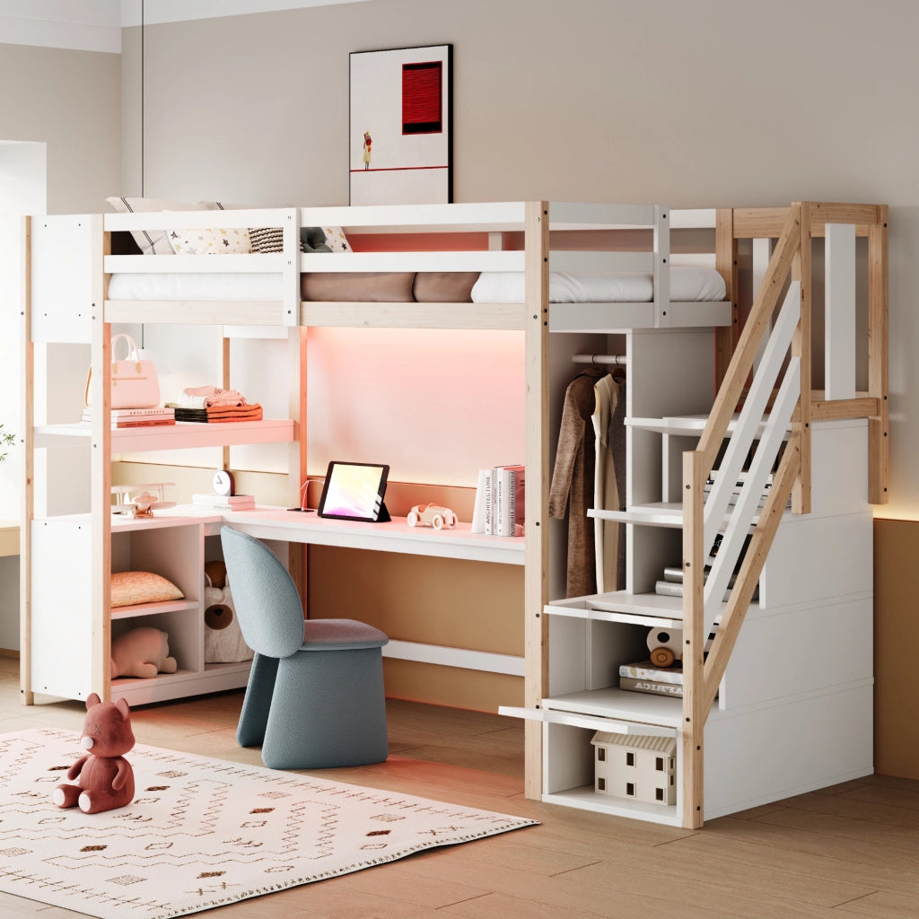 Letto a soppalco 90 × 200 cm con scrivania, armadio, scale contenitore e LED, senza materasso, bianco naturale