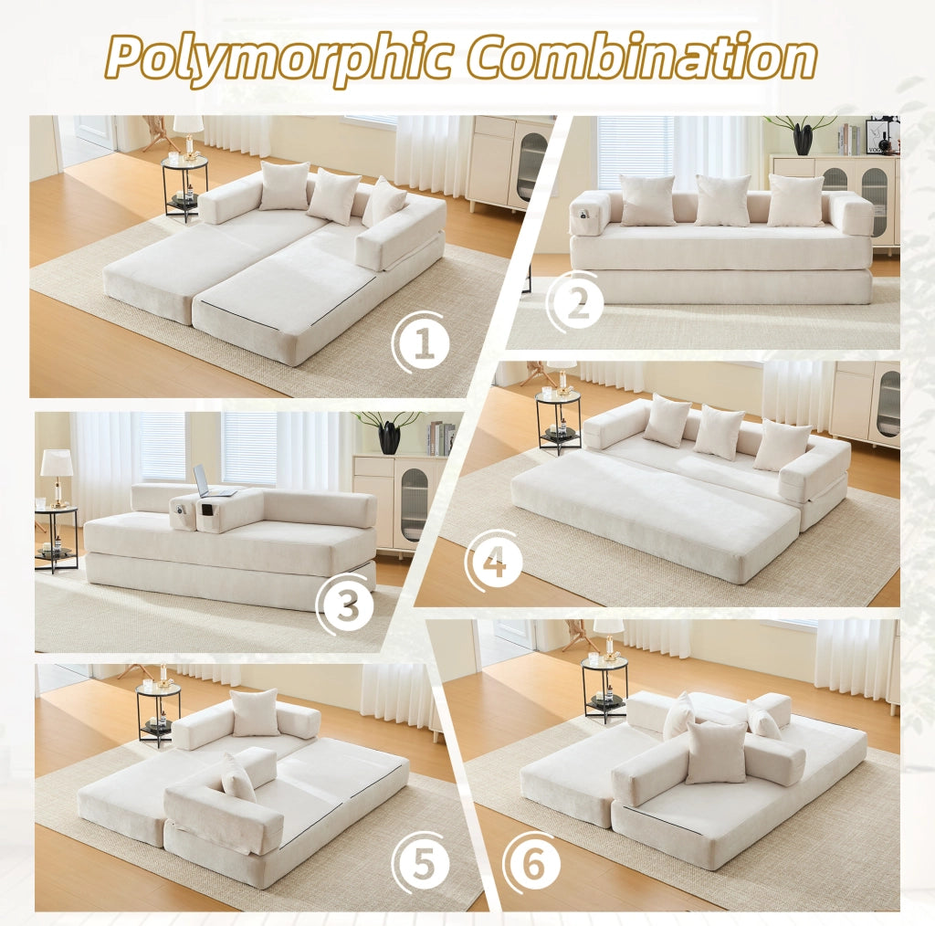 Divano modulare in chenille con tasche laterali e base antiscivolo, 198x79x60 cm, colore soffice