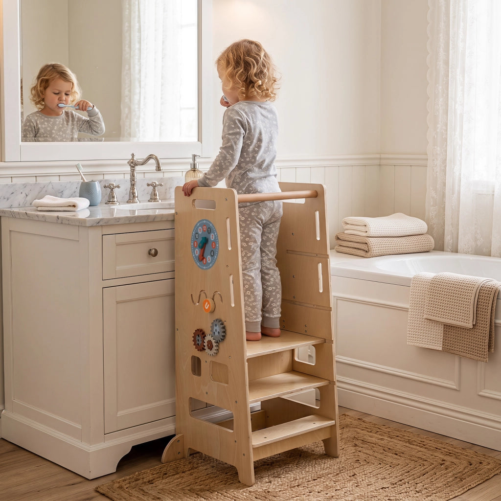 4 in 1 torre montessoriana per bambini con altezza regolabile con lavagna e giochi educativi, Torretta di apprendimento per cucina e bagno