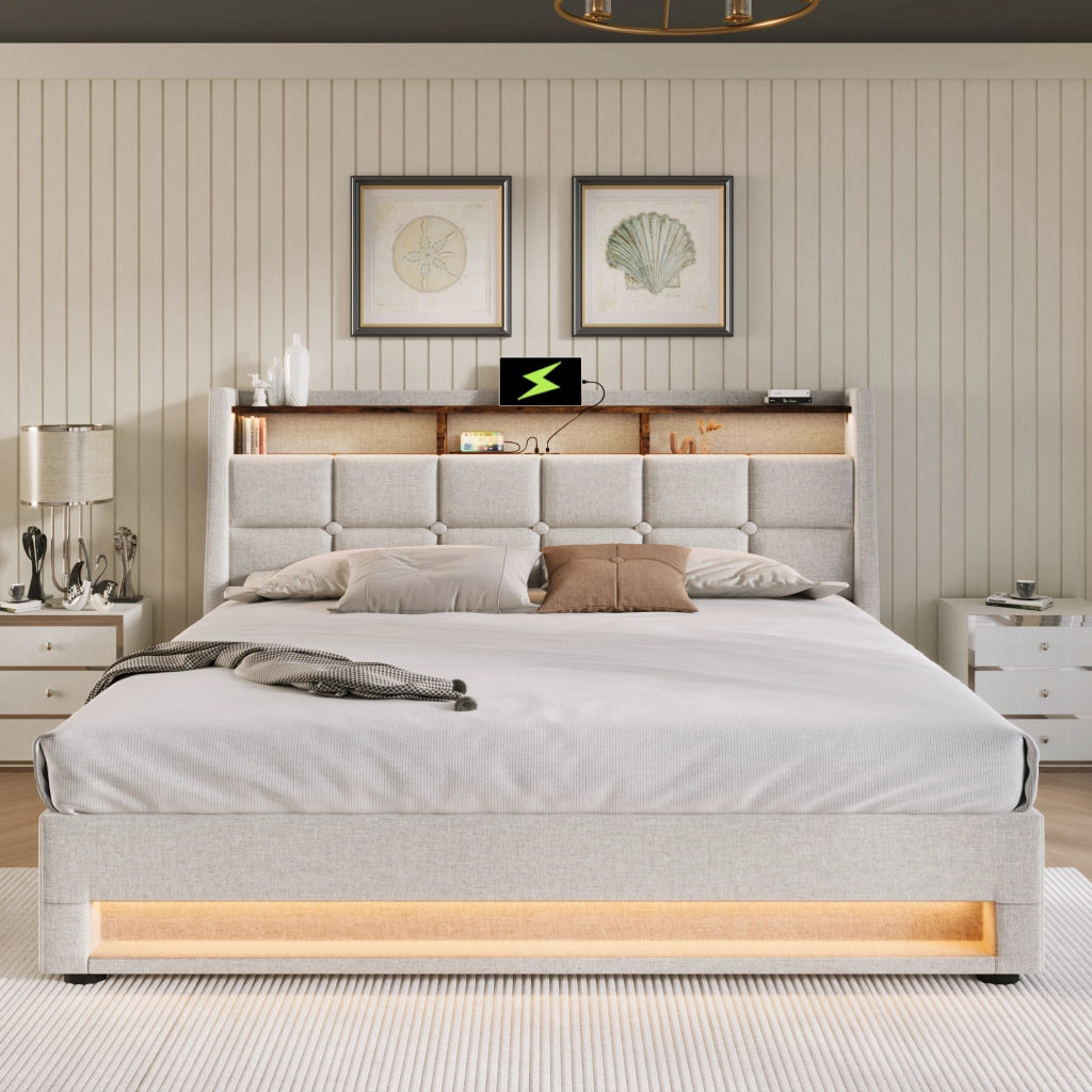 Letto imbottito 140x200cm con LED e porte USB, struttura in lino color beige chiaro senza materasso
