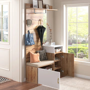 Set da ingresso bianco e legno con specchio, scarpiera, appendiabiti, panca e ganci