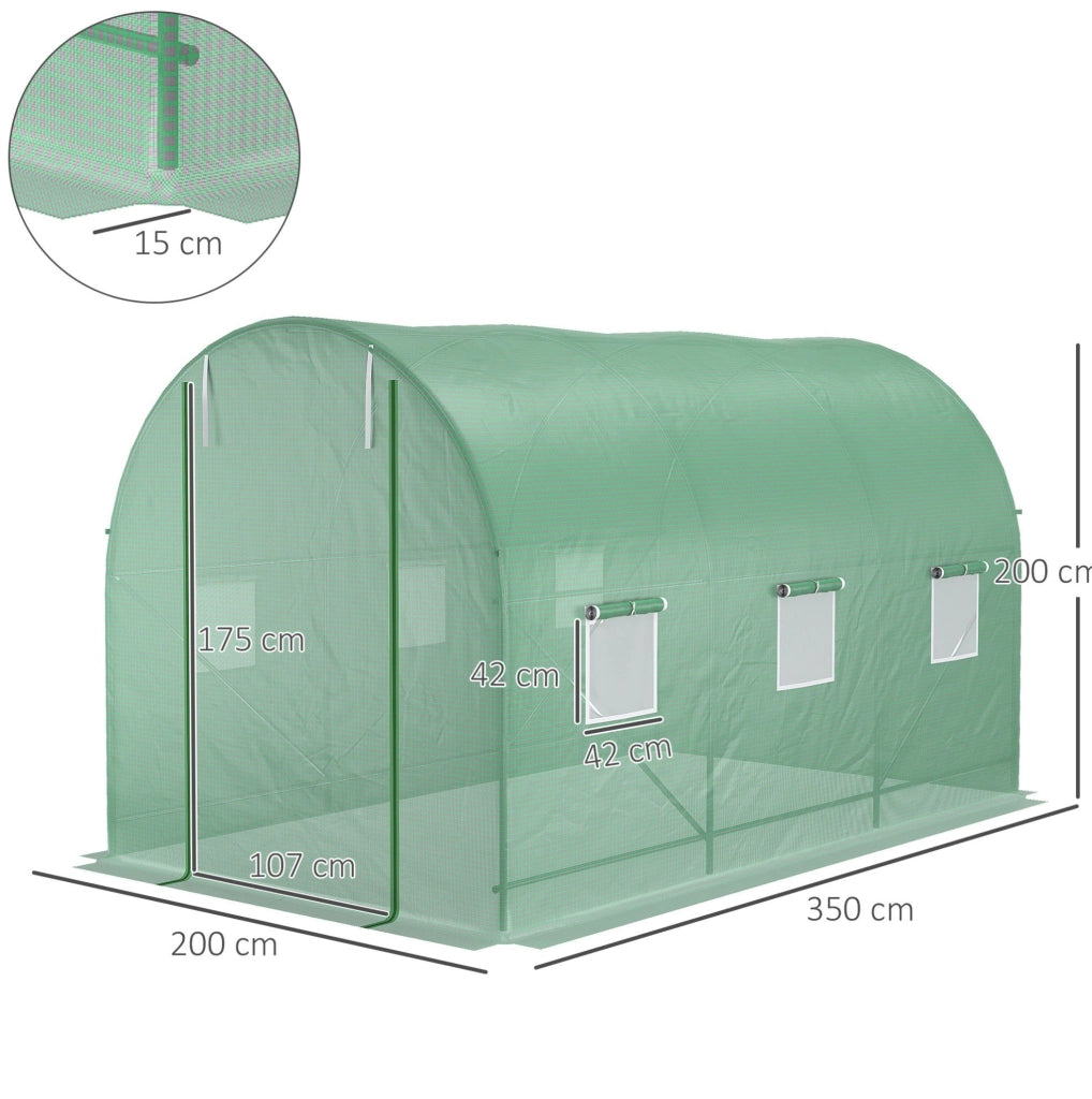Serra tunnel 350x200x200 cm in acciaio e PE verde con finestre