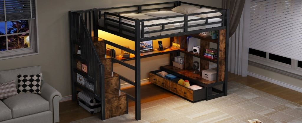 Letto a soppalco in metallo 140x200 cm con scrivania, scaffali, due cassetti integrati e scala con contenitore, colore nero