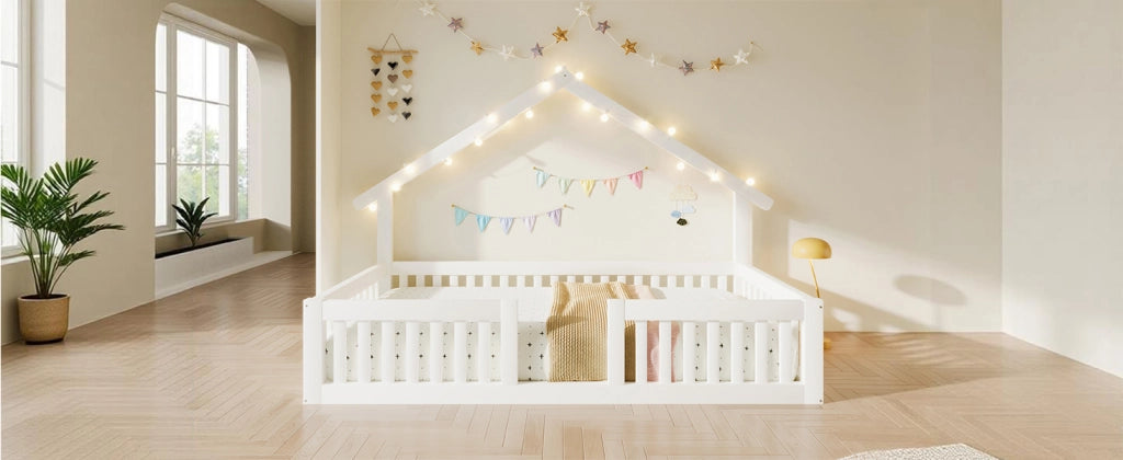 Letto per bambini a casetta 90 × 200 cm con barriera di sicurezza in legno bianco con luci LED
