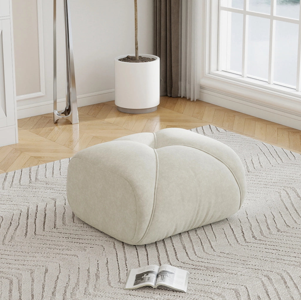 Pouf Elowin in Chenille Beige Chiaro con Schiuma ad Alta Densità
