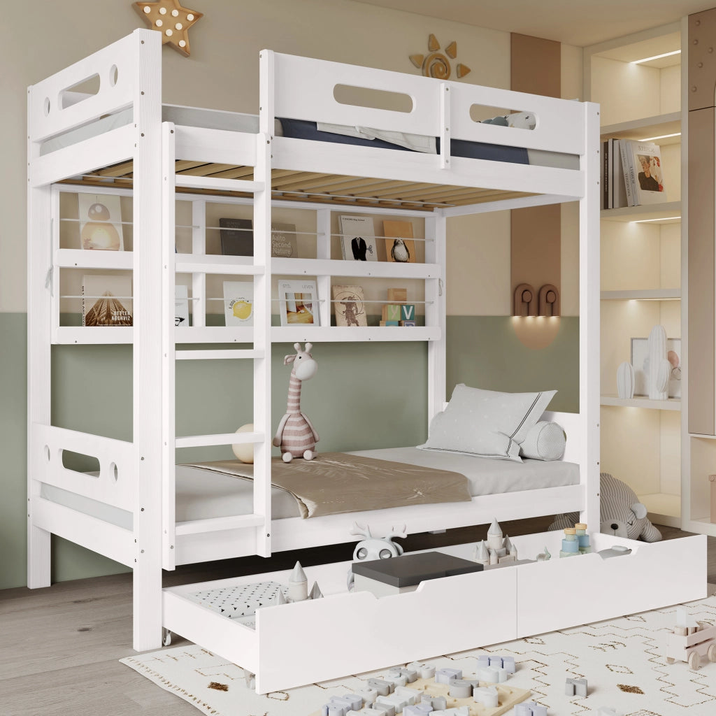 Desviae Letto a castello per bambini 90 × 200 cm con scala a 5 gradini cassetti su ruote ripiani struttura in legno e MDF