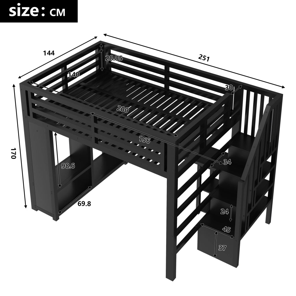 Letto a Soppalco 140x200 cm con Scrivania; Armadio; LED; USB; Scala e Sponde; Nero