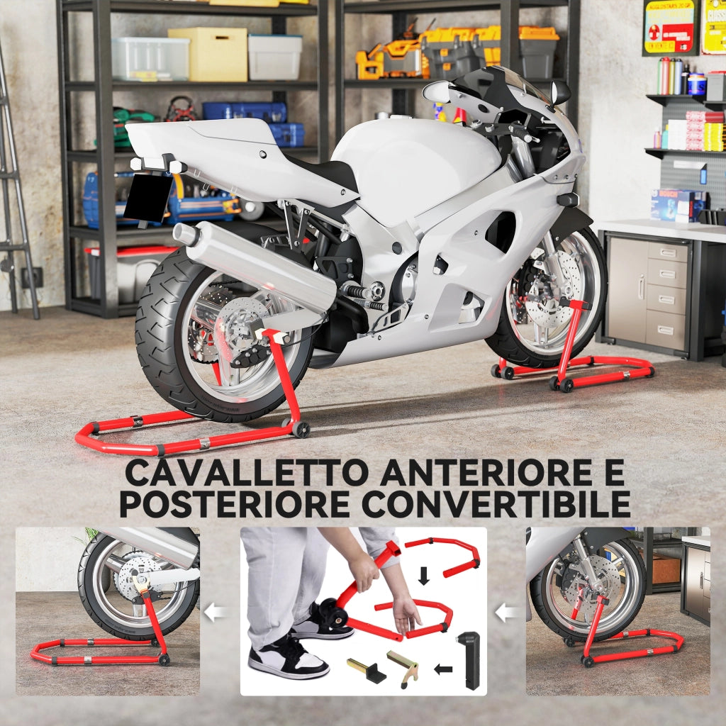 Cavalletto Moto Anteriore e Posteriore 390 kg, Forcelle a U e L, Supporto Alzamoto Regolabile e Robusto per Garage e Officina, Rosso