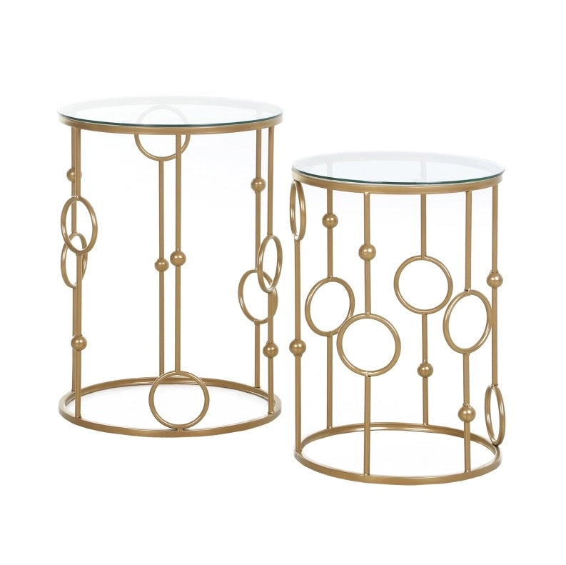 Set di 2 Tavolini da Salotto con Piano in Vetro, Design a Cerchi e Sfere, Ø41 x 57 cm, Oro