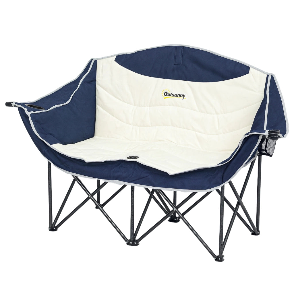 Sedia da Campeggio Pieghevole 2 Posti con Portabicchieri e Borsa di Trasporto Telaio in Metallo Carico Max 250 kg Blu per Giardino e Outdoor