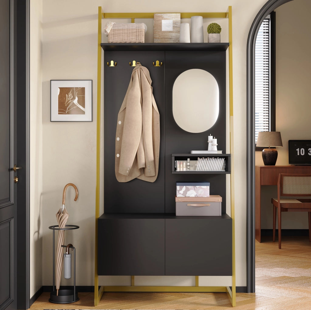 Mobile guardaroba compatto con specchio; ganci e panca portascarpe; 78 ¡Á 38.5 ¡Á 180.5 cm; nero
