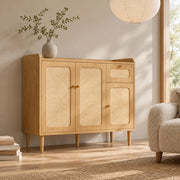 SIDEBOARD 120x40x91 cm MDF Color Rovere con Intreccio in Rattan e Cassetto